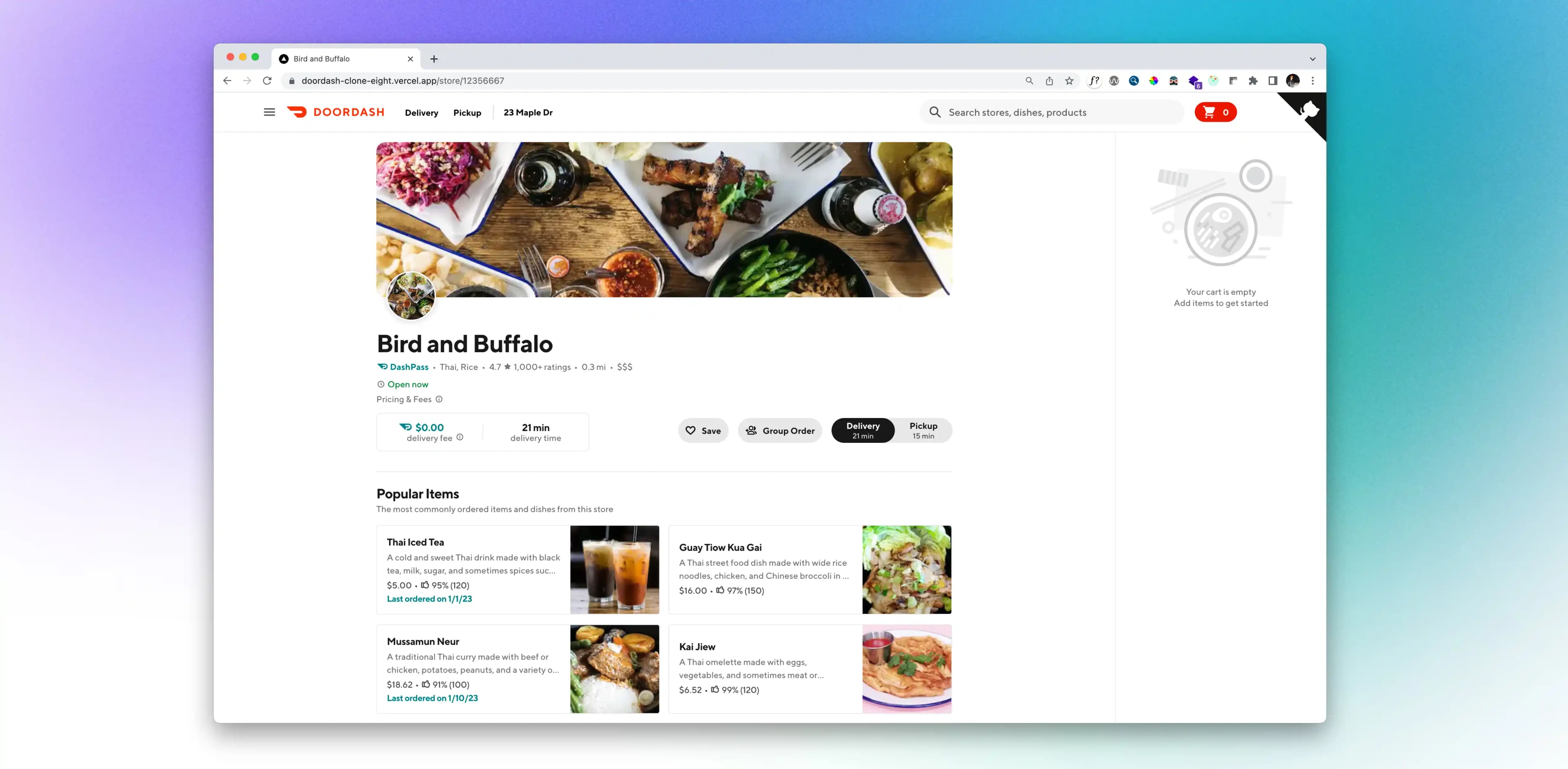 DoorDash's store page, featuring a restaurant called Bird and Buffalo that serves authentic Thai food. Various menu items are seen.